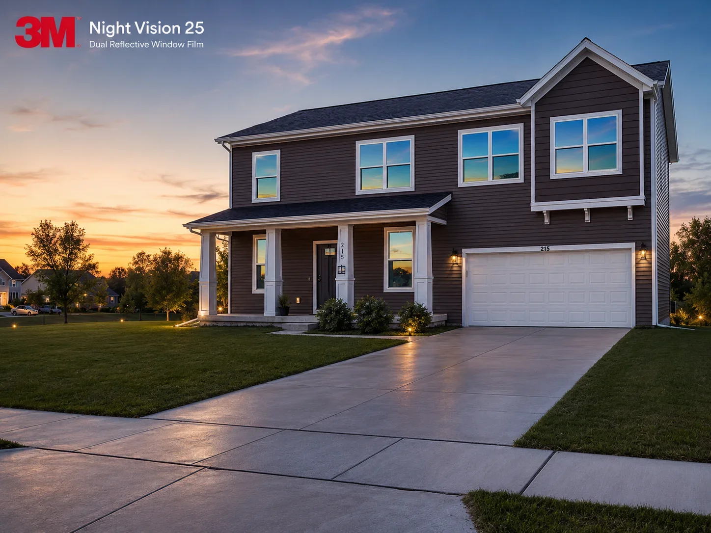 Two-story home with 3M Night Vision 25 reflective window film on upper and lower level windows at sunset