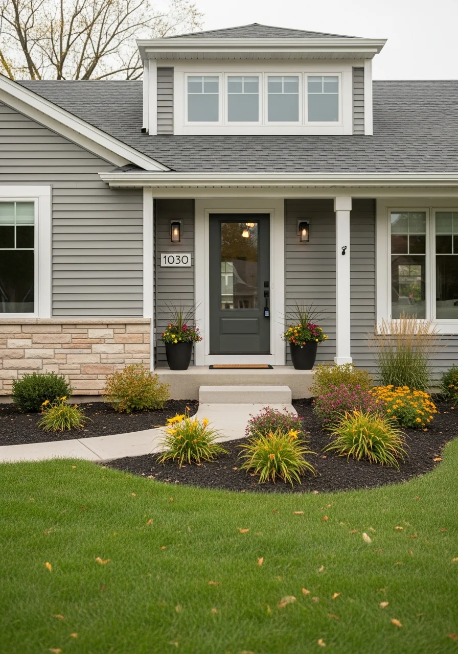 Close-up of a well-maintained home exterior in Grand Rapids with professional landscaping and updated entry.