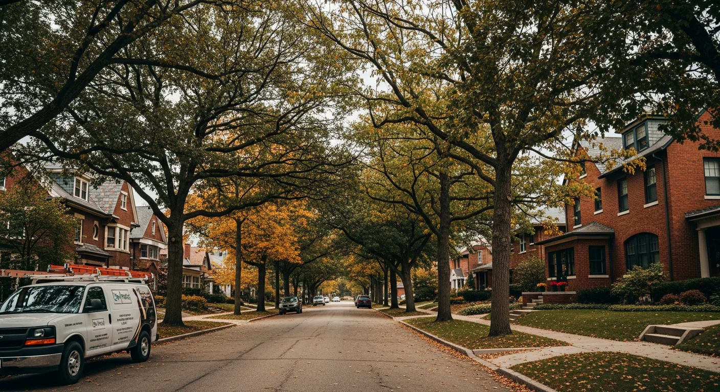 Residential street in Grand Rapids with tree-lined homes and brick architecture typical of the city's neighborhoods.