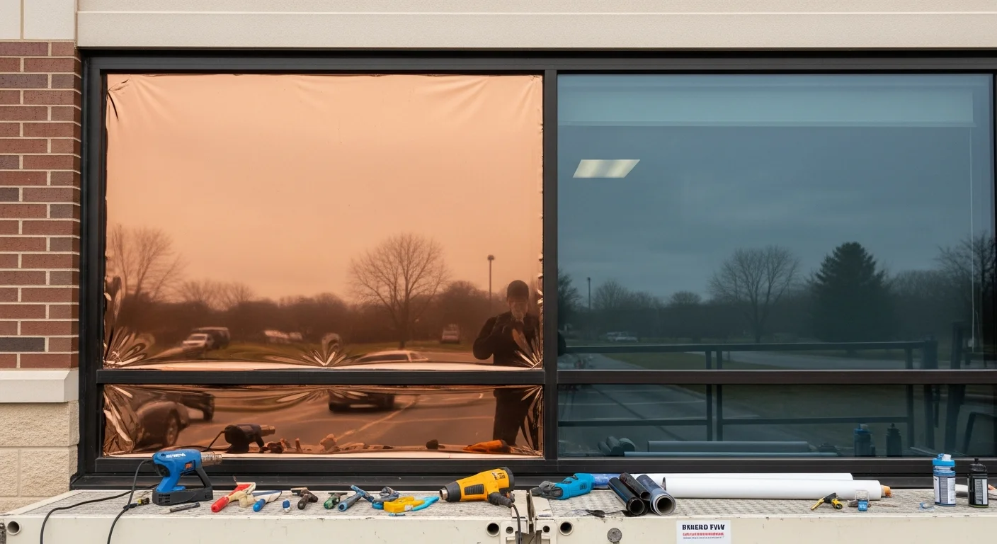 A Grand Rapids commercial office building with professionally installed window tint film on large glass facade panels, showing reduced glare and a clean, uniform exterior appearance. Interior view shows a bright workspace with natural light and no visible hot spots near the windows.