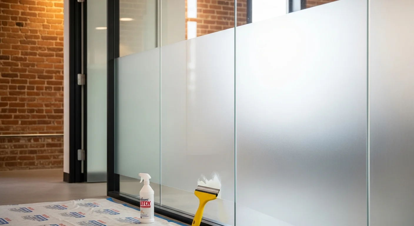 Frosted decorative window film installed on an interior glass partition inside a Grand Rapids commercial office space. The film allows diffused natural light through while providing full privacy between work areas.