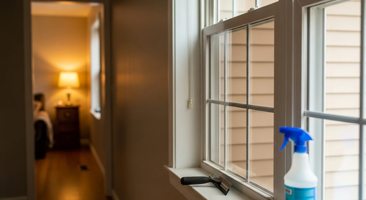 A bright, sun-facing living room in a Grand Rapids home with glare reduction window film installed, showing clear outward views and soft, even interior light. A home office setup near the window remains visible and free of harsh screen glare.