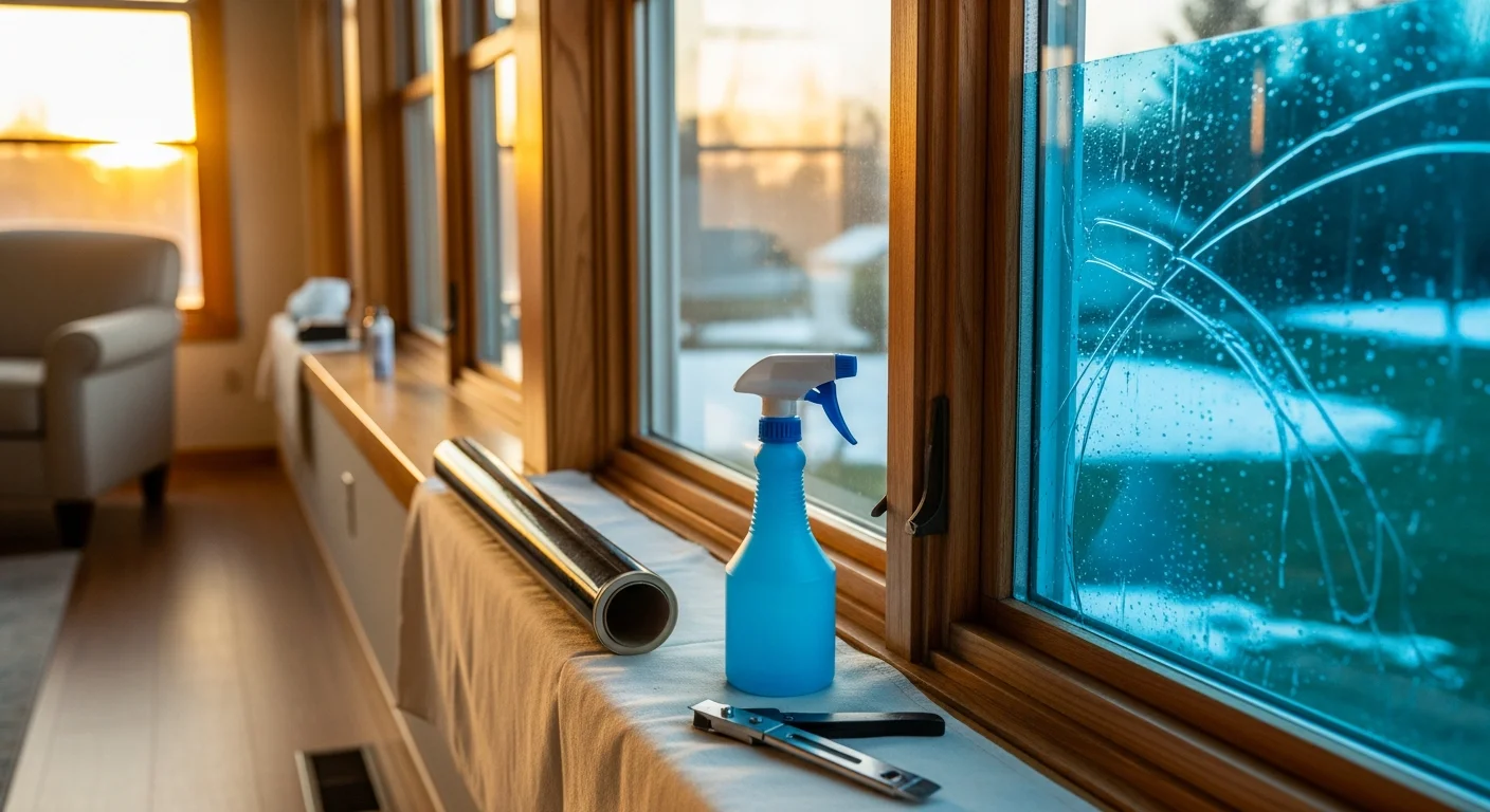 A Grand Rapids home interior showing clear, untinted-looking windows with heat rejection film applied, bright natural light filling the room without visible glare. A professional installer from NuVue Window Tint smooths film onto a large west-facing window.