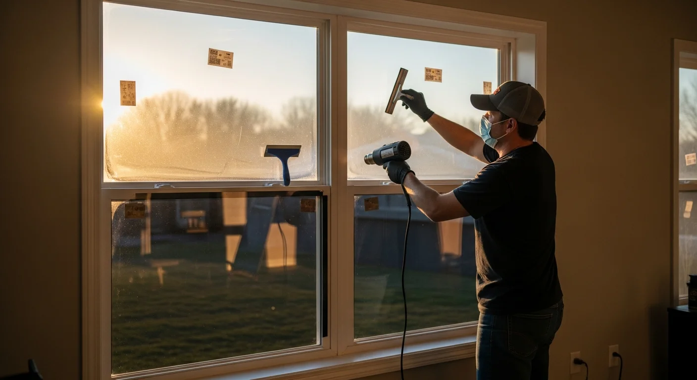 Interior view of a bright Grand Rapids living room with professionally applied window film on large south-facing windows, showing reduced glare on furniture and flooring. Window tinting installed by NuVue Window Tint on a residential home in Grand Rapids, Michigan.