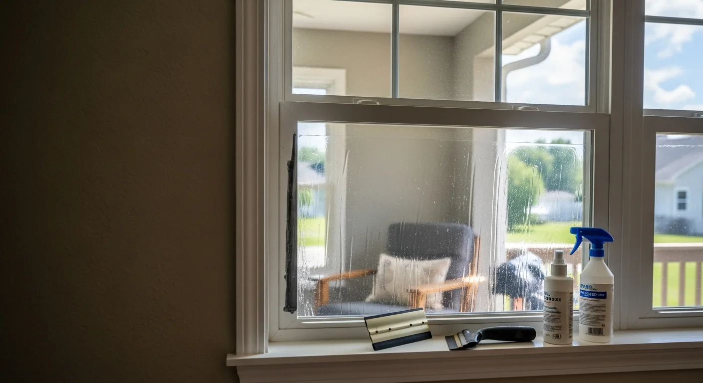 A Grand Rapids home interior showing clear windows treated with solar control film, with bright natural light entering the room and no visible glare on furniture or flooring. A NuVue Window Tint installer applies solar film to a large residential window from inside the property.