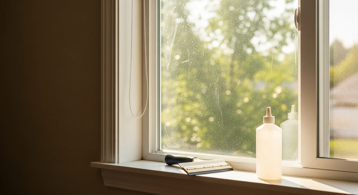 A Grand Rapids home interior showing clear, untinted windows with UV protection film applied, preserving the outdoor view while shielding hardwood floors and furniture from direct sunlight. A NuVue Window Tint technician smooths film onto a large south-facing residential window during a professional installation.
